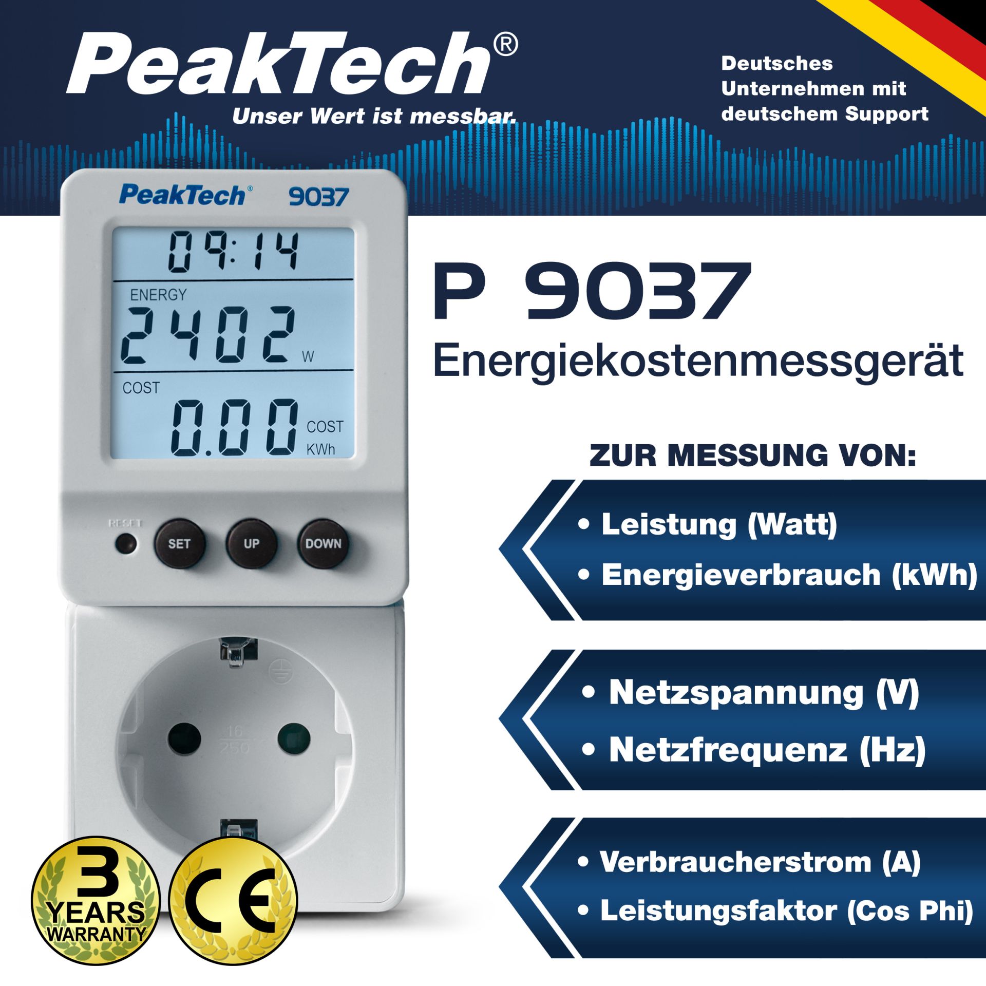 PeakTech P 9037 Energiekostenmessgerät 0,1W Auflösung mit schwenkbarem LCD PeakTech P 9037 Energiekostenmessgerät 0,1W Auflösung mit schwenkbarem LCD