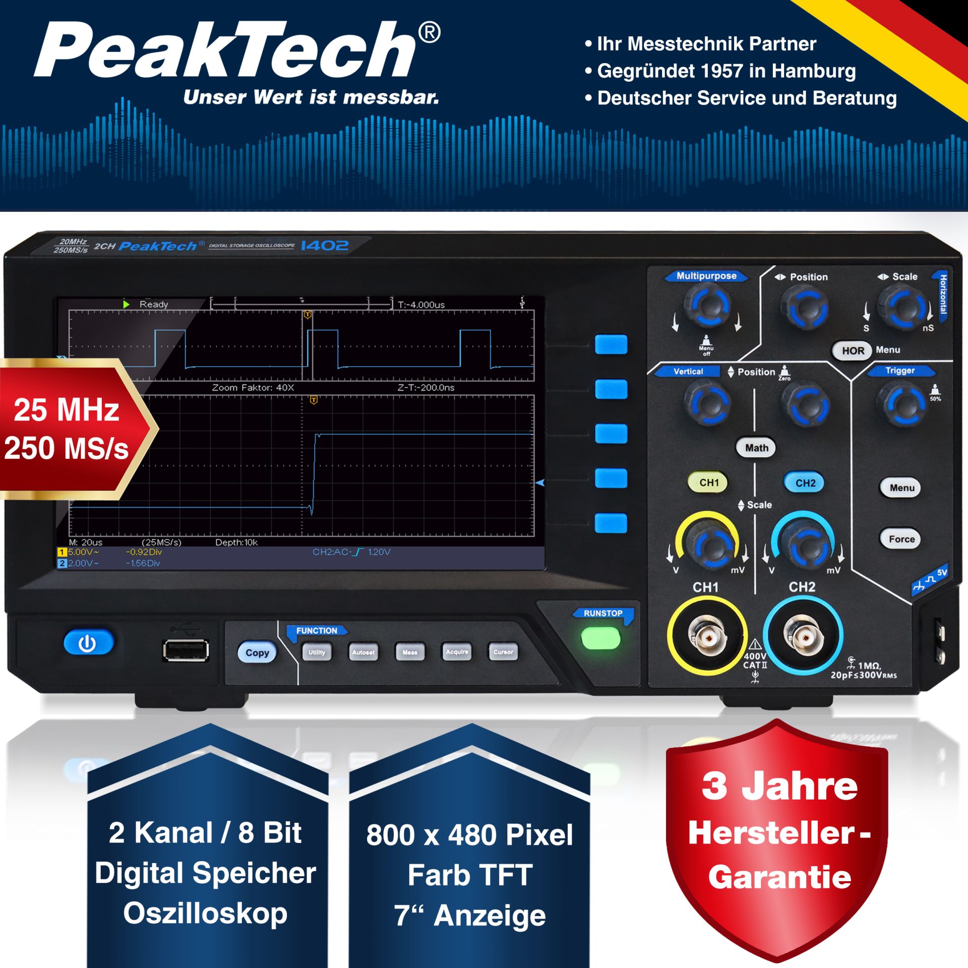 PeakTech P 1402 20 MHz / 2 CH, 250 MS/s Digitalspeicheroszilloskop