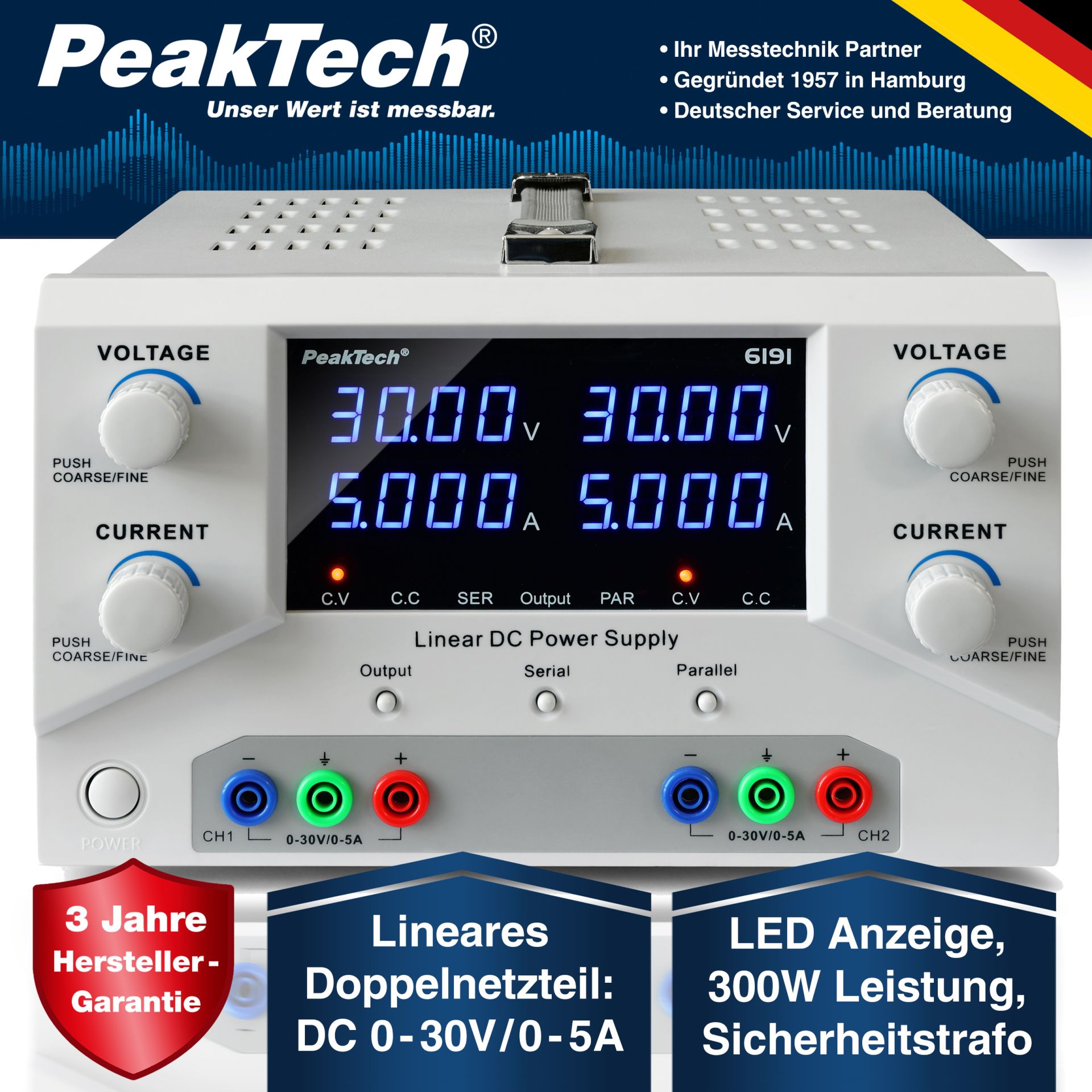 PeakTech P 6191 Digital Labornetzgerät 2x 0-30 V / 0-5 A DC 