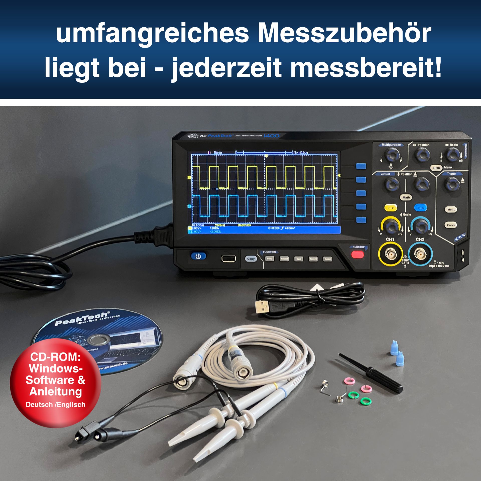 PeakTech P 1404 100 MHz / 2 CH, 1 GS/s Digitalspeicheroszilloskop
