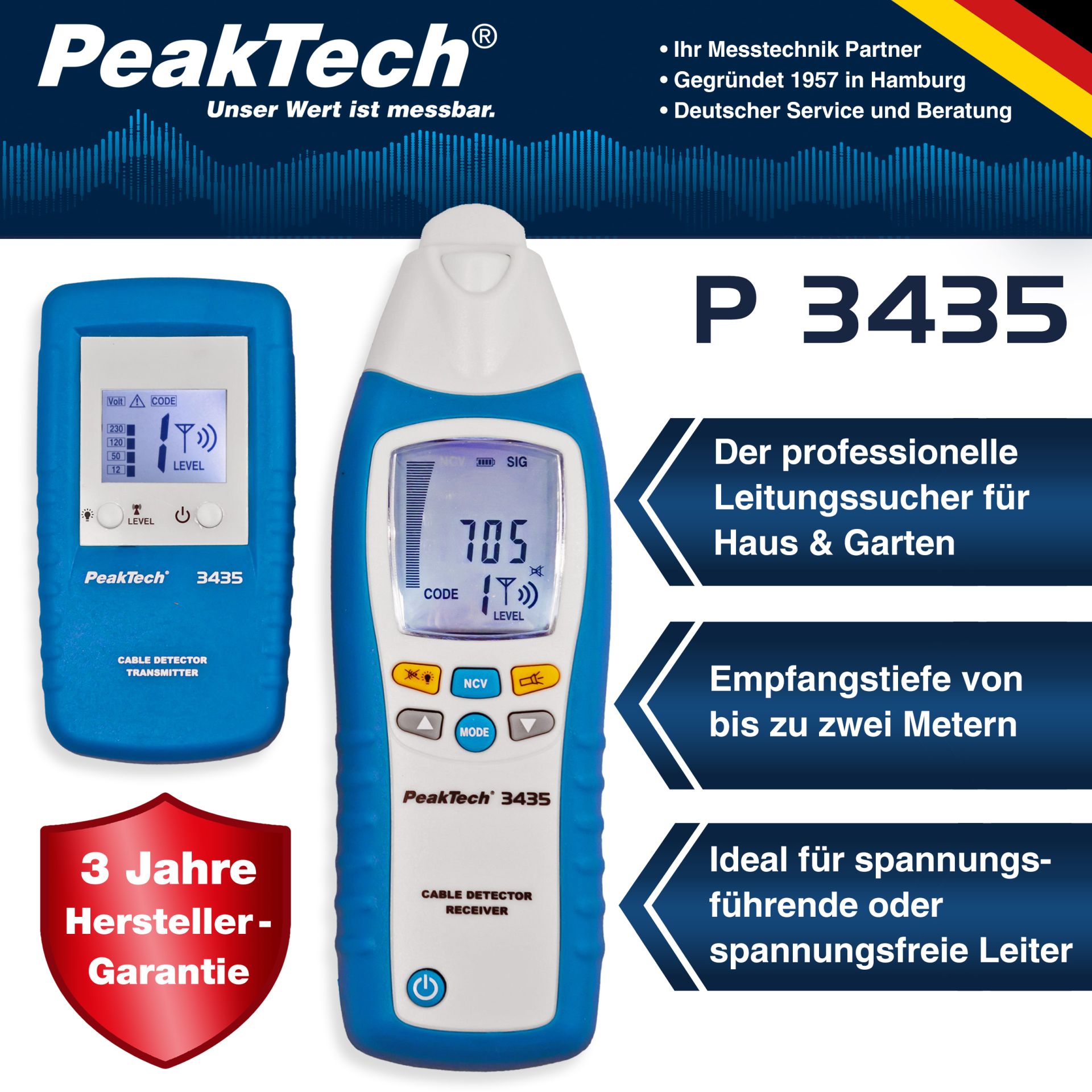 PeakTech P 3435 Leitungssuchgeräte / Kabelbruchfinder - Set, Sender und Empfänger