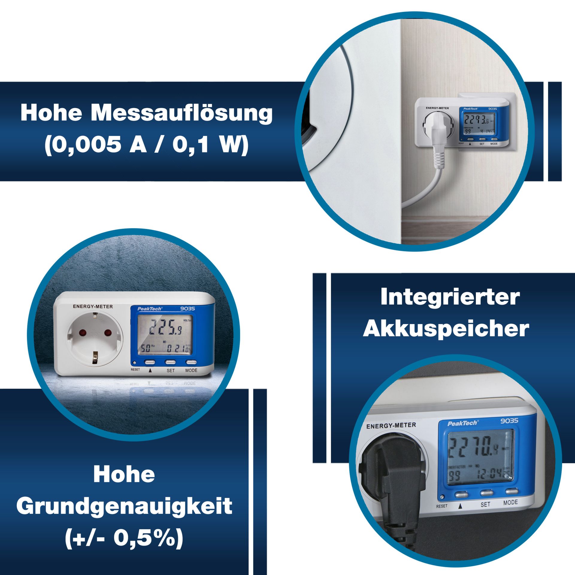 PeakTech P 9035 Energiekostenmessgerät mit 0,1 W Auflösung und Anzeigepuffer