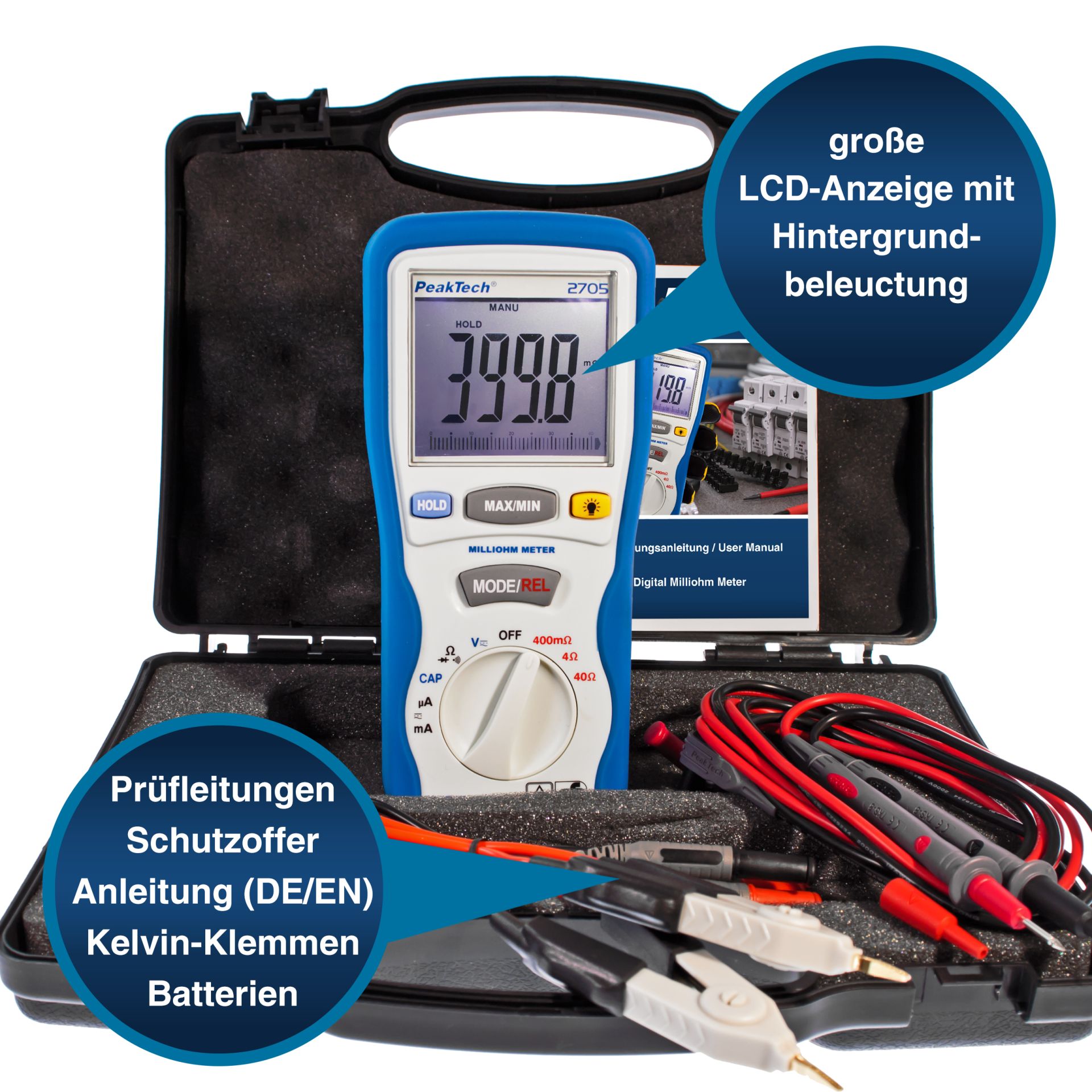 PeakTech P 2705 Digital-Milliohmmeter, 4.000 Counts, 400 mΩ/4/40/Ω 