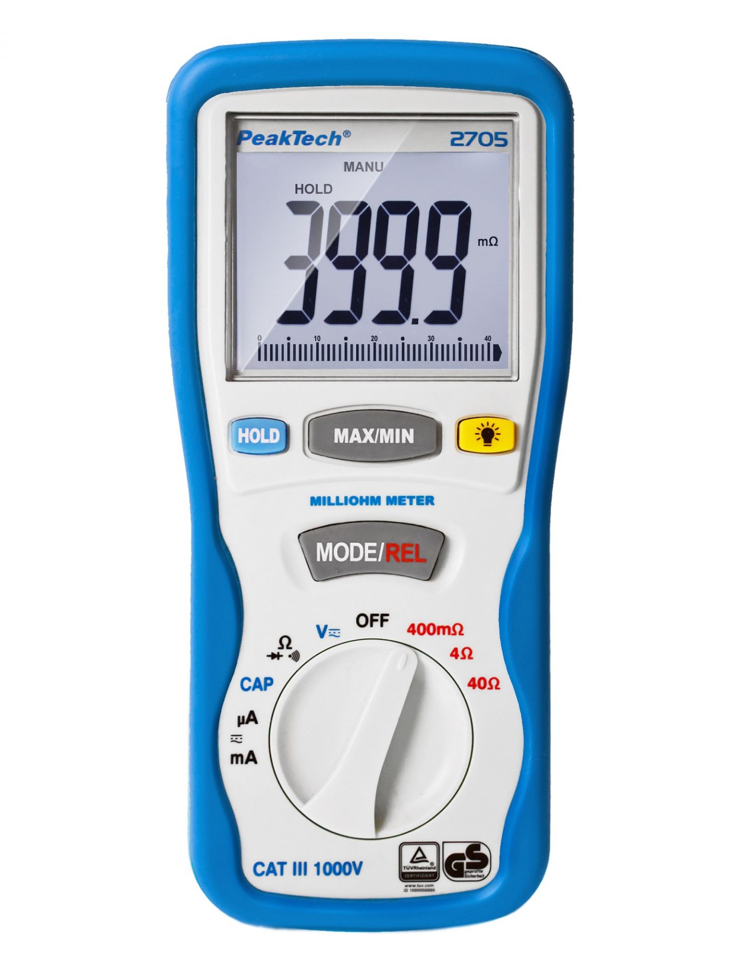 PeakTech P 2705 Digital-Milliohmmeter, 4.000 Counts, 400 mΩ/4/40/Ω 
