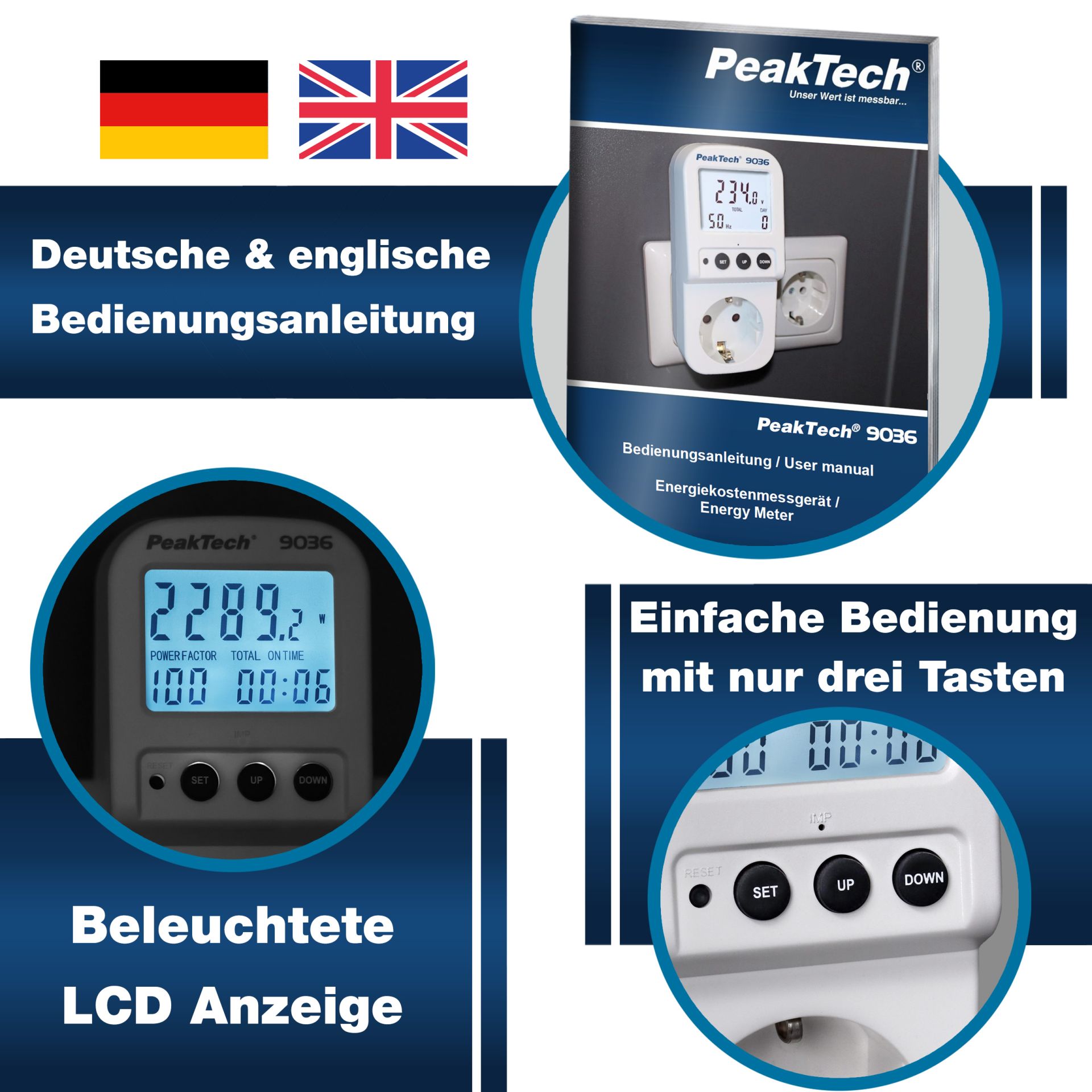«PeakTech® P 9036» Energiekostenmessgerät 0,1W Auflösung mit beleuchteter LCD