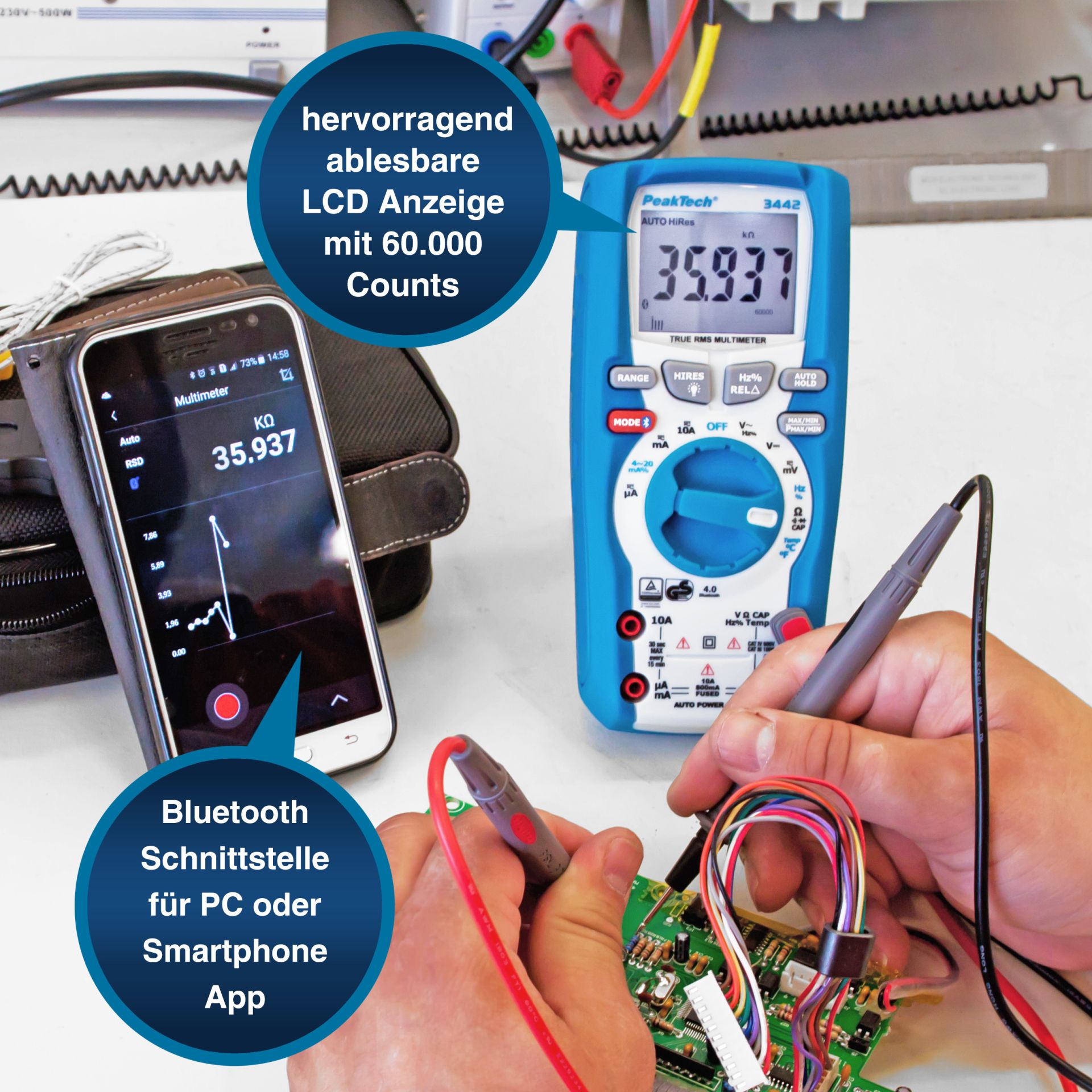 PeakTech P 3442 TrueRMS Digitalmultimeter 60.000 Counts, BT
