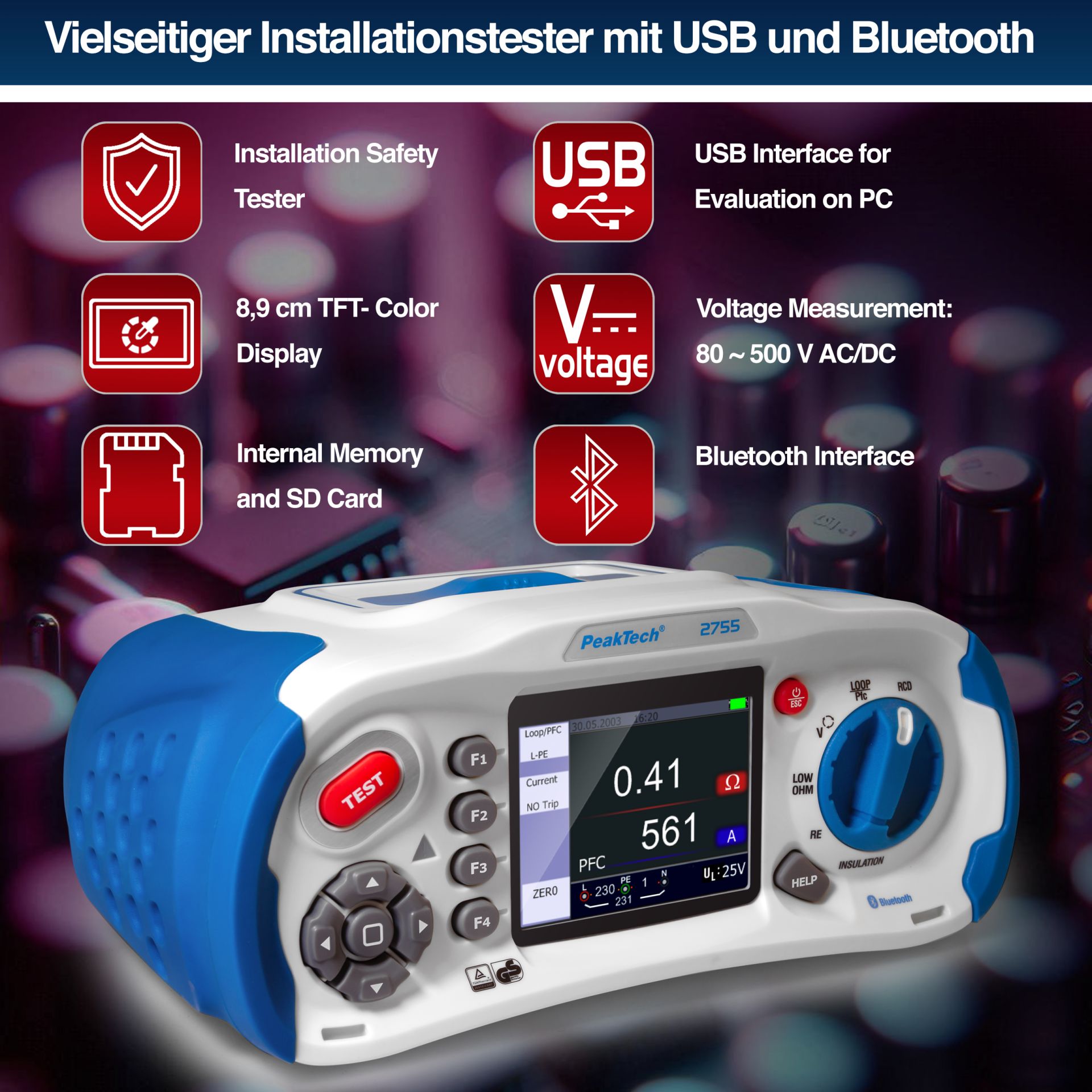  PeakTech P 2755 Installationstester VDE 0100, VDE 0100-600, VDE 0105-100, für Elektroanlagen
