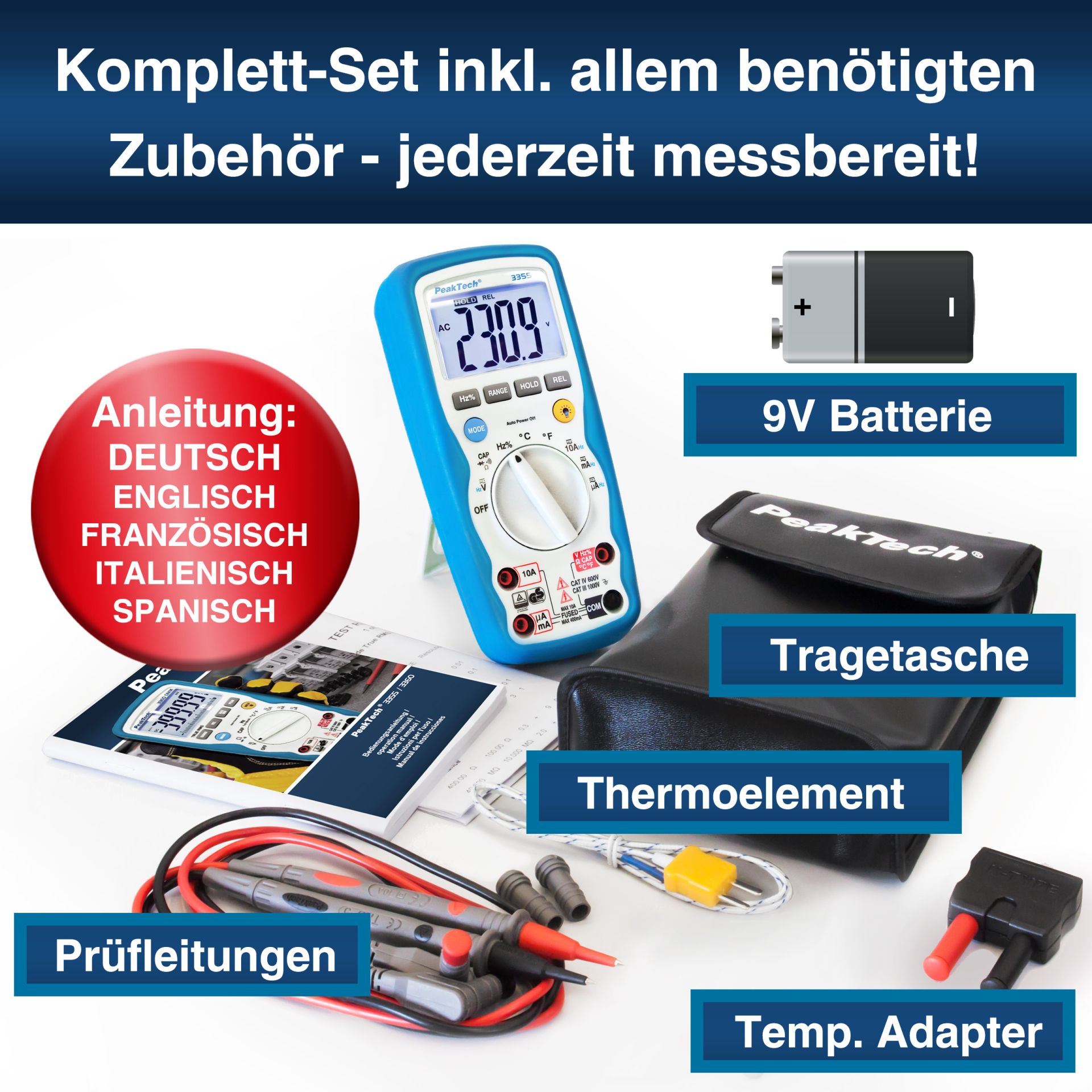 PeakTech P 3355 Digitalmultimeter, 4.000 Counts, IP67 