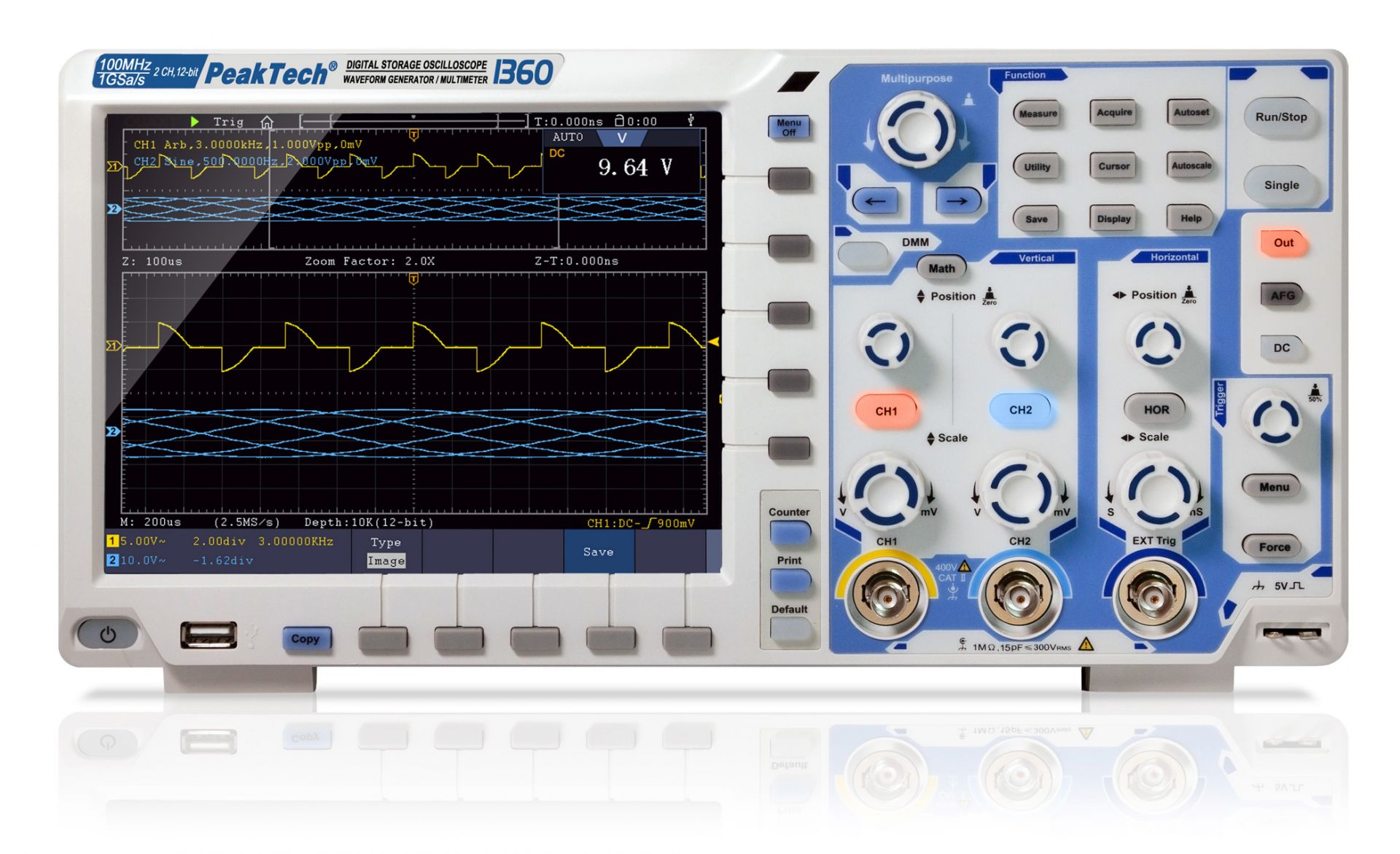 PeakTech P 1360 100 MHz / 2 CH, 1 GS/s Touchscreen-Oszilloskop