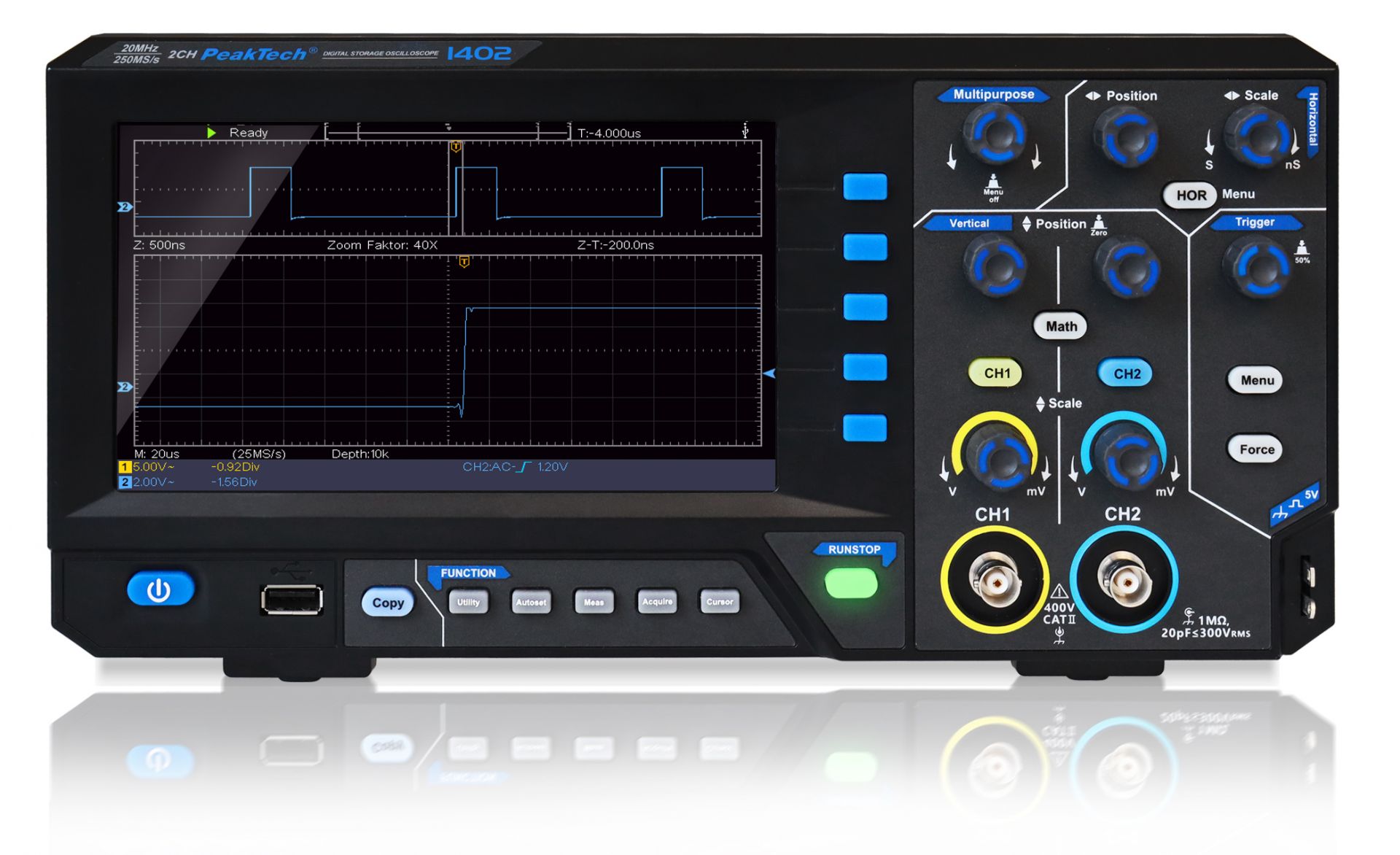 PeakTech P 1402 20 MHz / 2 CH, 250 MS/s Digitalspeicheroszilloskop